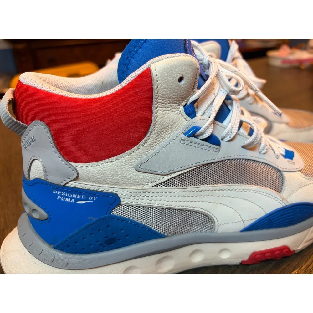 Puma Wild Rider Mid Mens White Blue Red Sneakers Sporty Colorblock Lifestyle